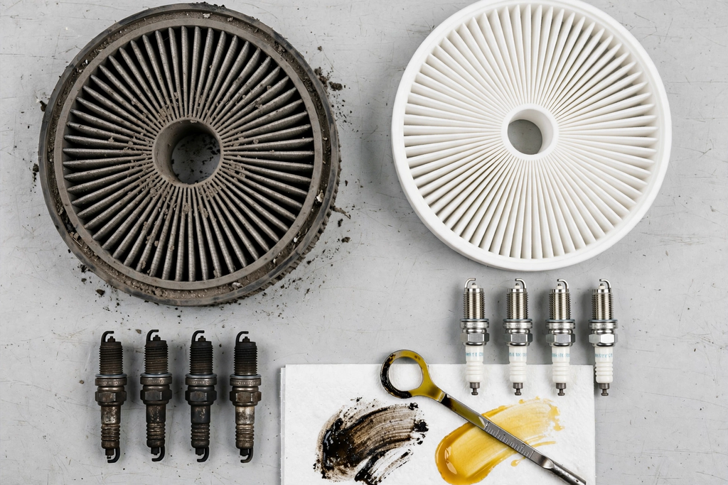 dirty vs clean air filter and spark plugs showing vehicle maintenance fuel consumption impact on engine