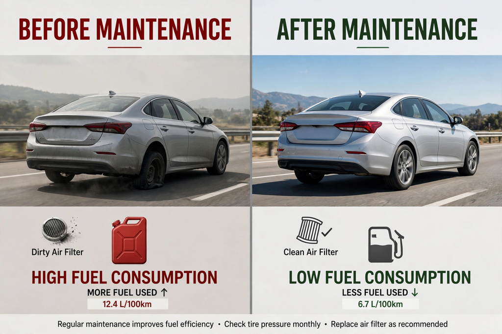 before and after vehicle maintenance fuel consumption comparison showing 12.4 L/100km high vs 6.7 L/100km low fuel use