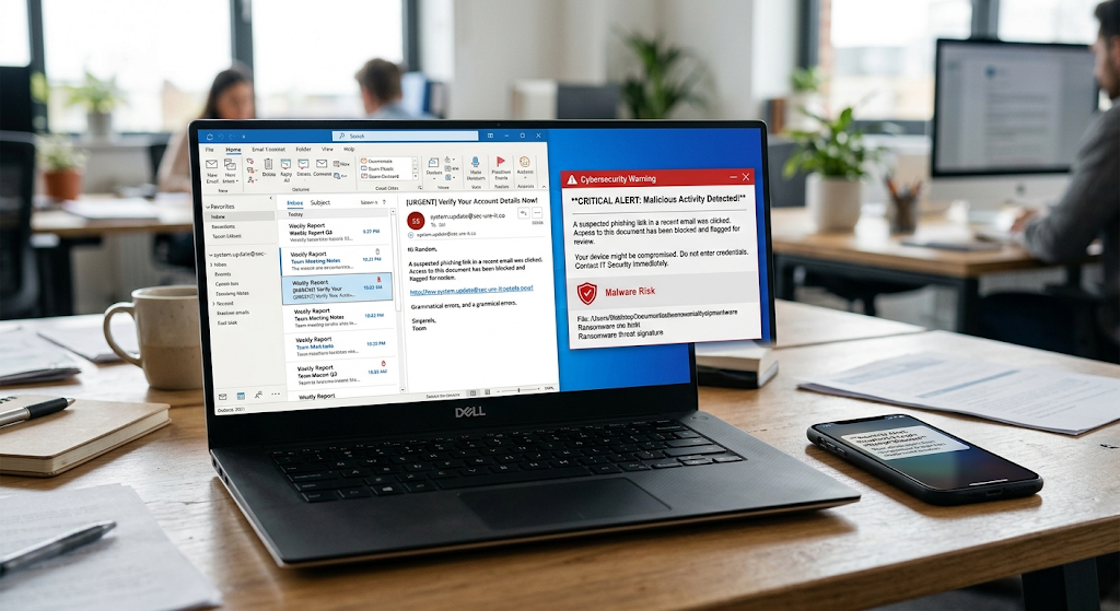 Laptop showing a phishing email and cybersecurity warning