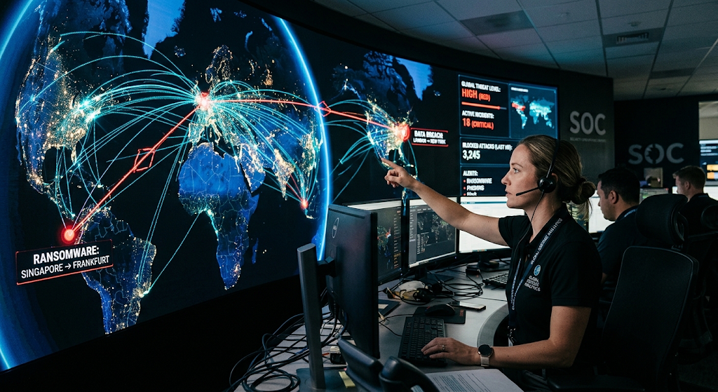 Global digital networks connecting countries and cybersecurity systems