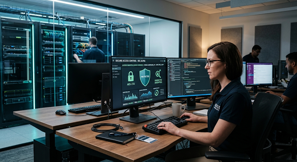 Cybersecurity specialist protecting encrypted digital data