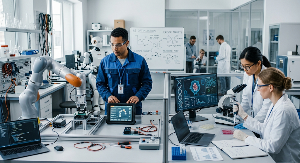 Robotics and biotechnology researchers working with advanced technology