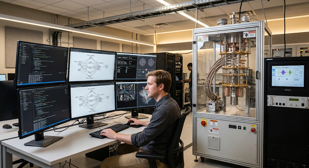Artificial intelligence and quantum computing research in a modern laboratory