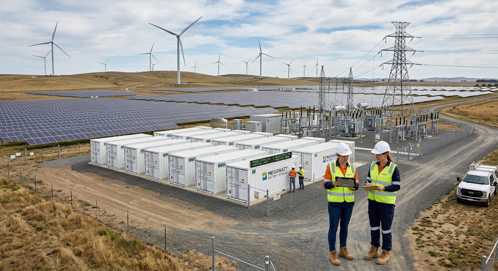 Solar panels, wind turbines and battery storage in a renewable energy system