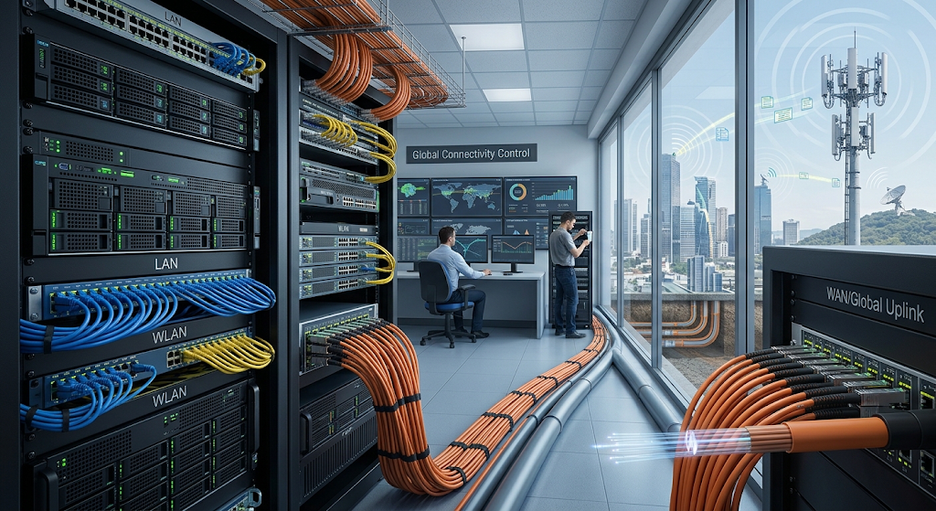 Fiber-optic and wireless communication links connecting network infrastructure