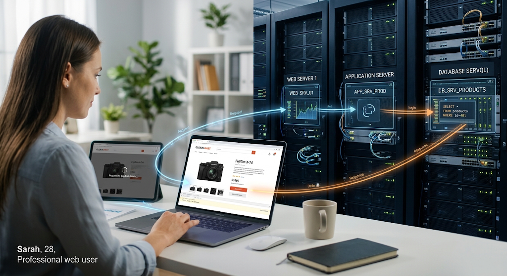 Client-Server Computing in Net-Centric Environments: Architecture, Benefits, and Examples 4 Website client-server architecture connecting a browser, application server, and database