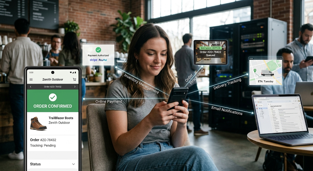 Real-world API integration connecting online shopping, payment, inventory, and delivery services
