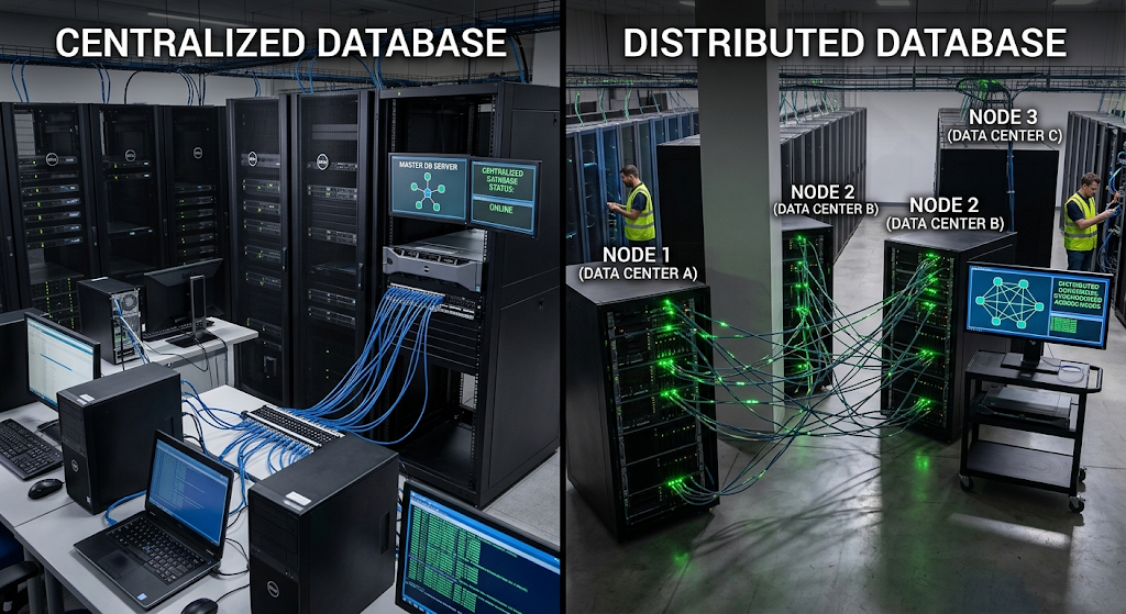 Comparison of centralized and distributed databases across networked systems