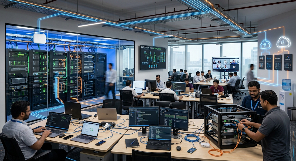 Networked computing environments connecting devices, servers, and cloud systems