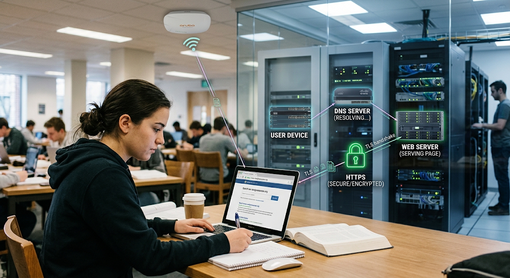 HTTPS and DNS communication between a web browser and server