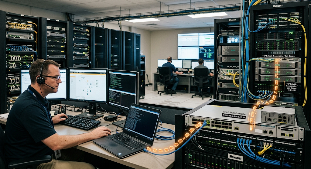 TCP IP network showing data traveling between computers and servers