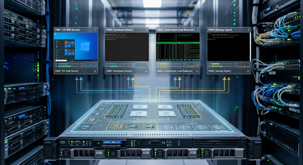 Multiple virtual machines running on shared physical server resources