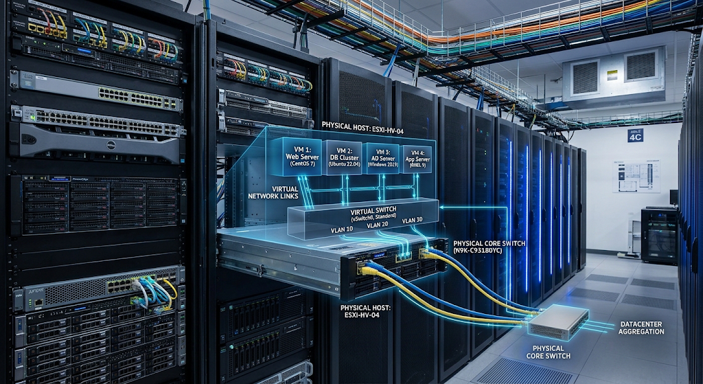 Virtual networks connecting virtual machines to physical network infrastructure