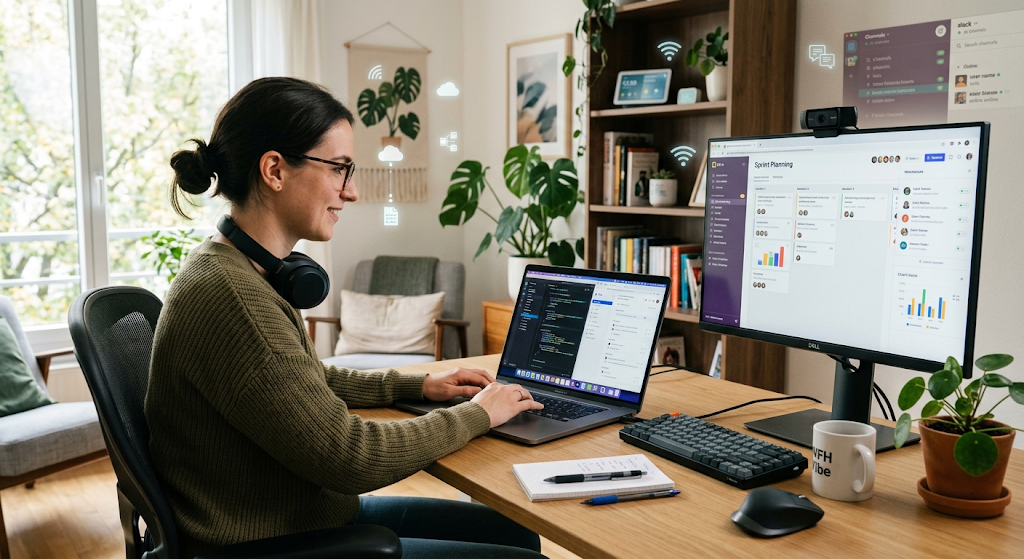 Employee working remotely using networked computing technology