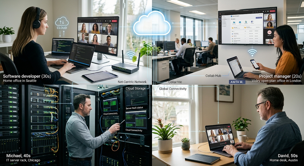 Network connecting remote employees, cloud services, and computing resources