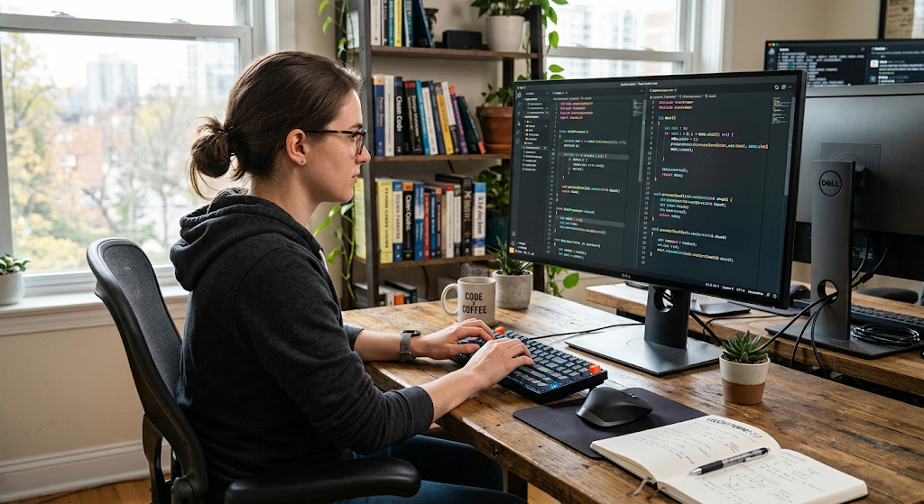 Programmer writing source code in a code editor