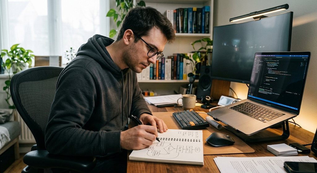 Programmer planning an algorithm with a flowchart before coding