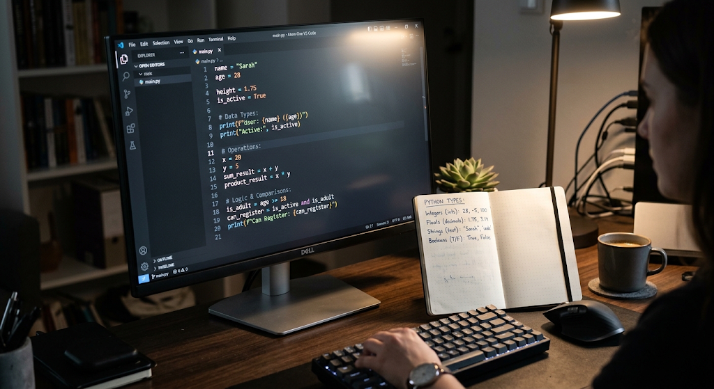Common programming data types and operators displayed in code