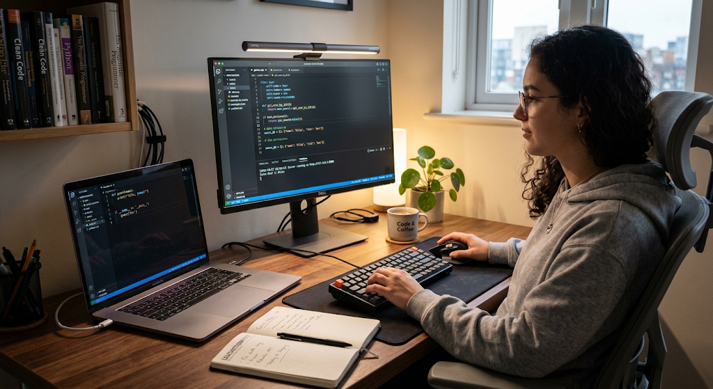 Programmer writing code and learning programming fundamentals