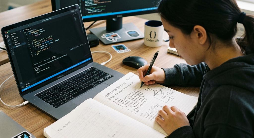 Algorithms and Programming Logic: A Beginner’s Guide to Problem Solving 2 Programmer planning an algorithm using step-by-step problem solving