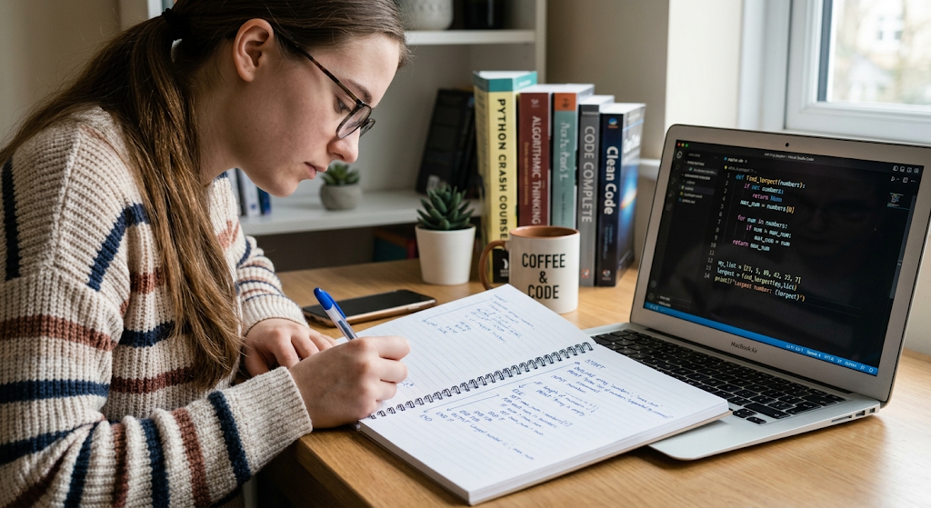 Algorithms and Programming Logic: A Beginner’s Guide to Problem Solving 3 Beginner programmer writing pseudocode before coding a program