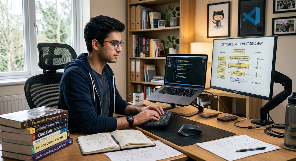 Aspiring software engineer learning programming skills and following a software engineering career roadmap