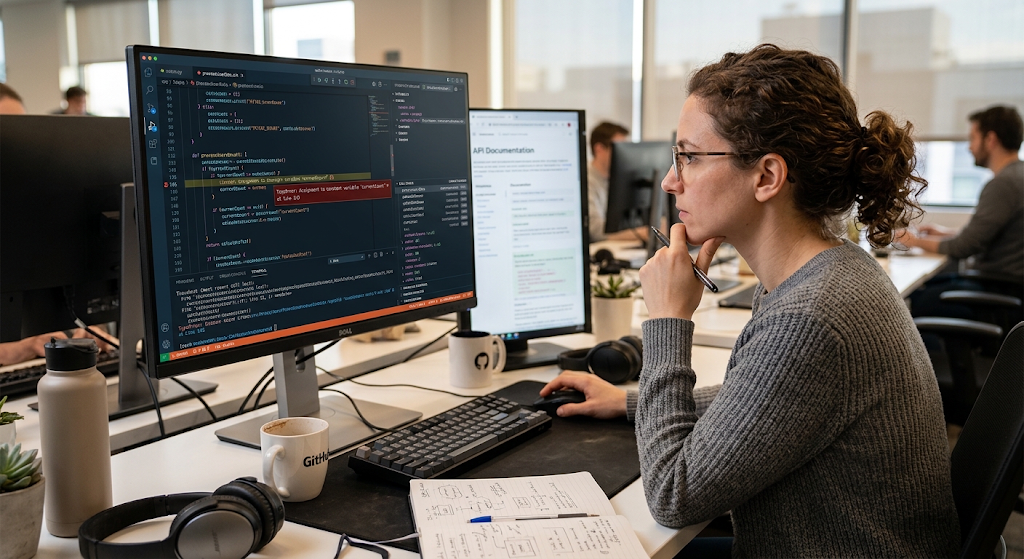 Programming Syntax and Common Coding Errors Beginners Should Understand 4 Developer using debugging tools to find an error in code