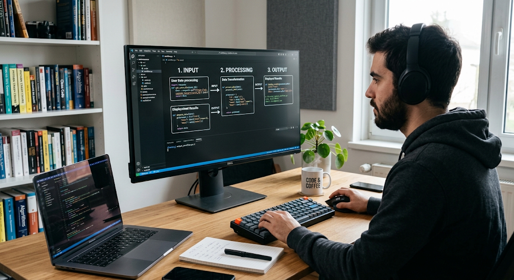 Step-by-step procedural programming workflow showing input, processing, and output