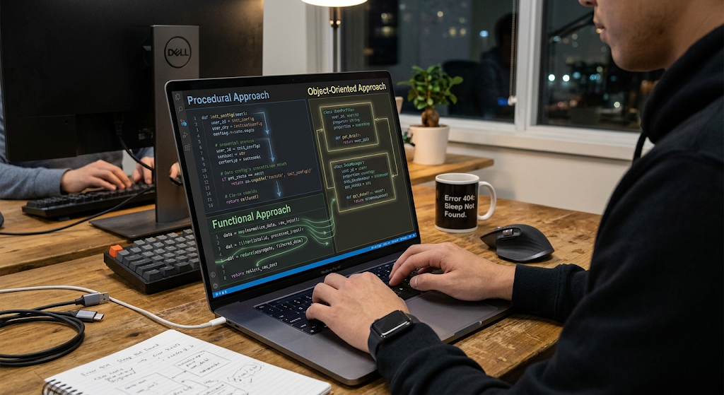 Developer working with procedural, object-oriented, and functional programming paradigms