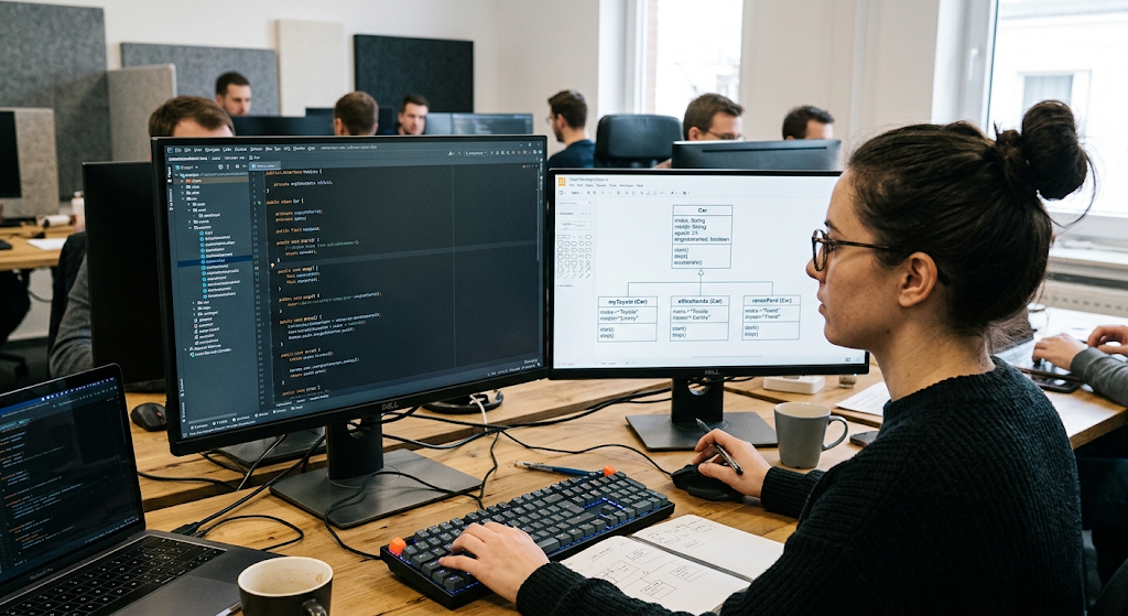 Object-oriented programming showing classes, objects, properties, and methods