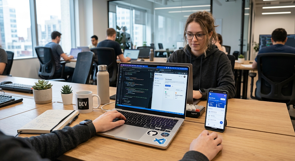Developer creating websites and mobile applications with programming