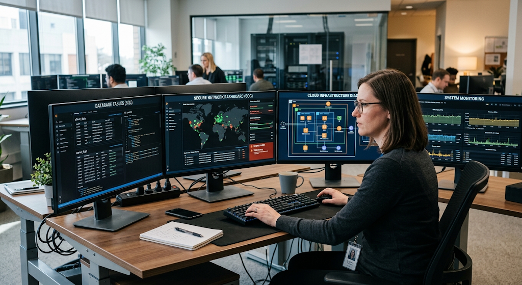 IT professional monitoring cybersecurity, databases, and cloud computing systems