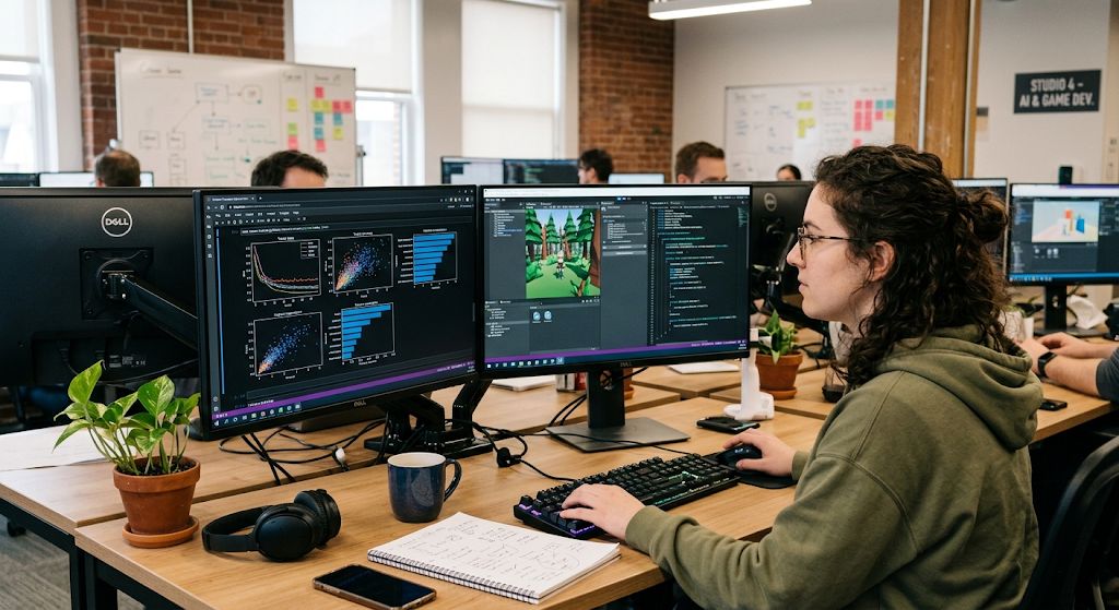 Programmer developing artificial intelligence and interactive games with code