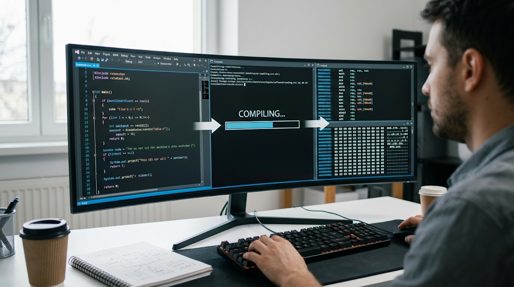 How Computer Programming Works: From Source Code to Software 3 Compiler transforming source code into machine code