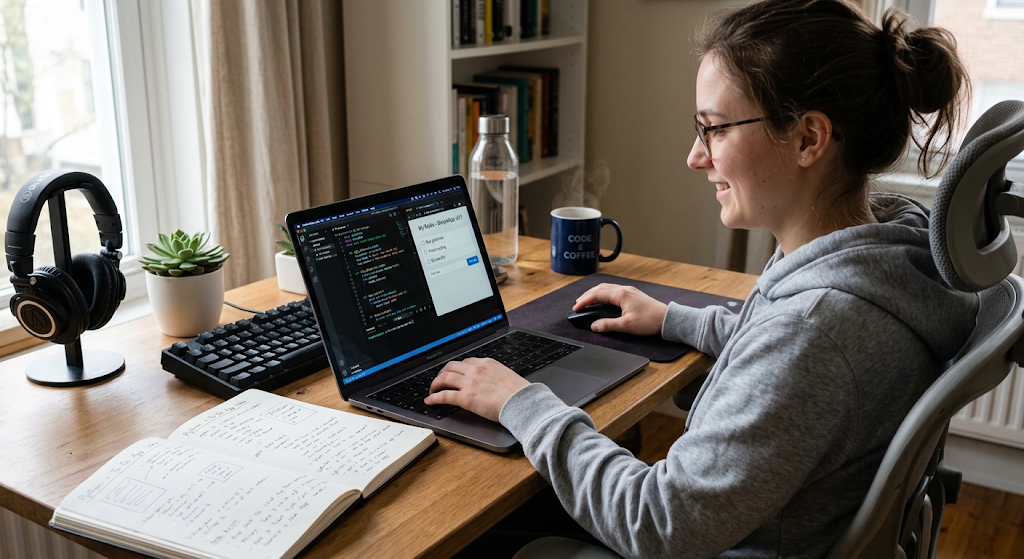 How to Learn Computer Programming from Scratch: A Step-by-Step Roadmap 5 Beginner developer building a small programming project on a laptop