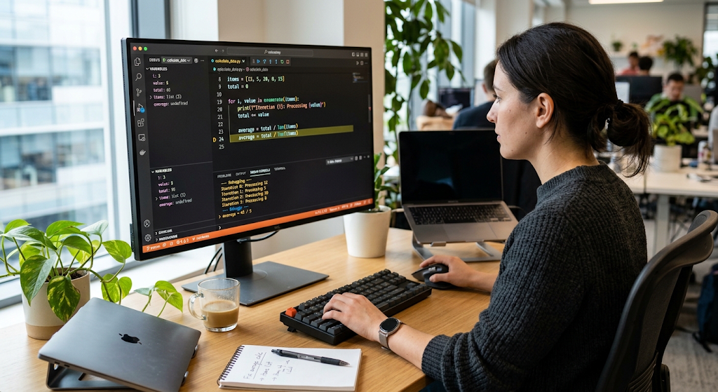 Programmer debugging variables and an infinite loop in source code