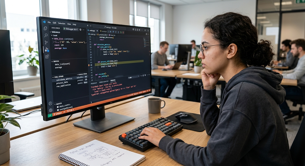 Developer using debugging tools and breakpoints to find programming errors
