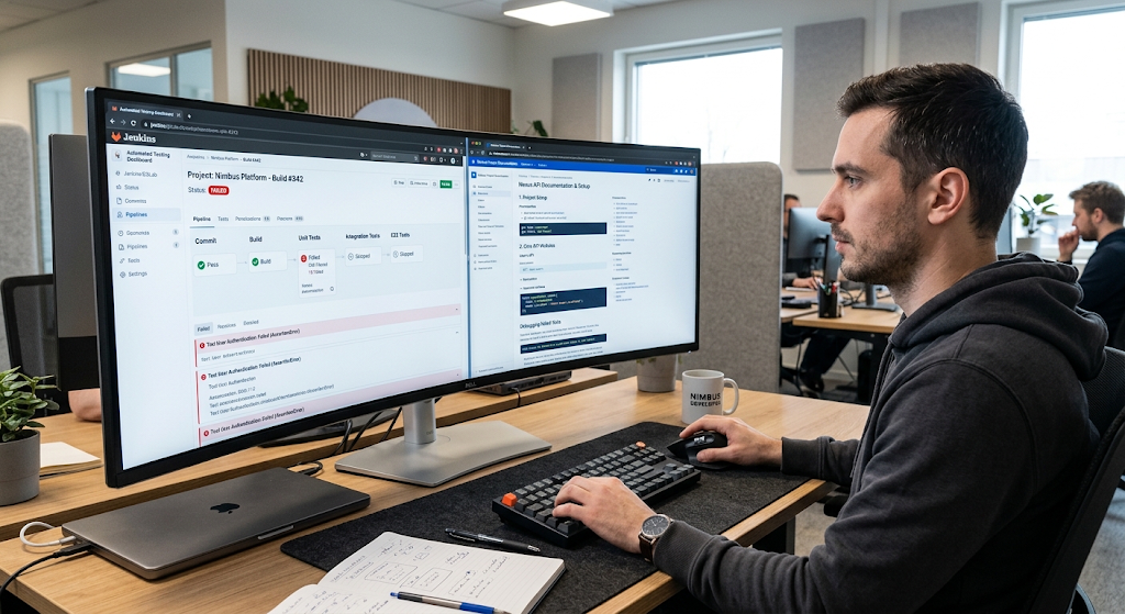 Developer reviewing software tests and project documentation