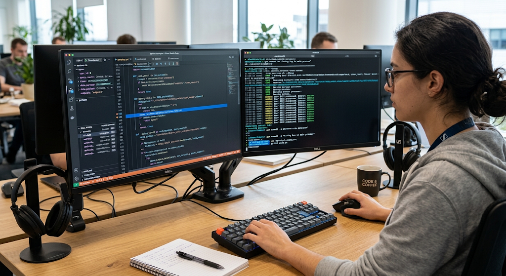 Developer using a terminal and debugger to troubleshoot code