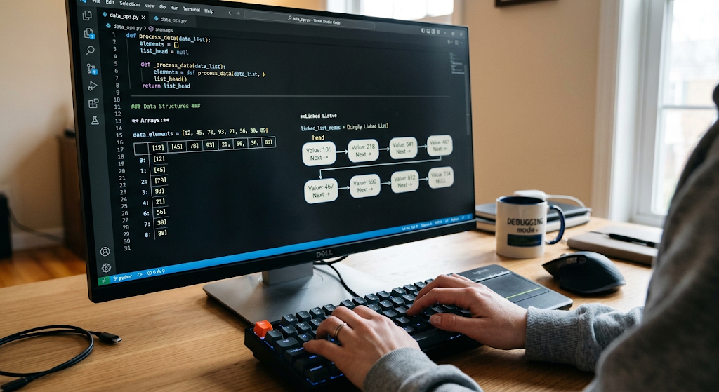 Computer data organized using arrays and linked data structures