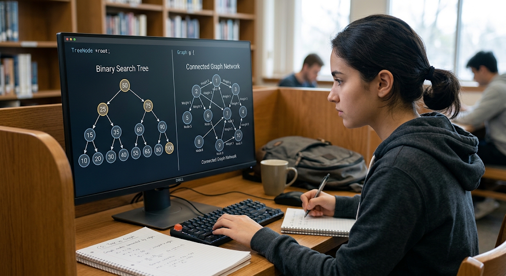 Tree and graph data structures showing connected nodes and relationships