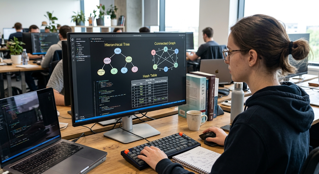 Tree graph and hash table data structures on a programming screen