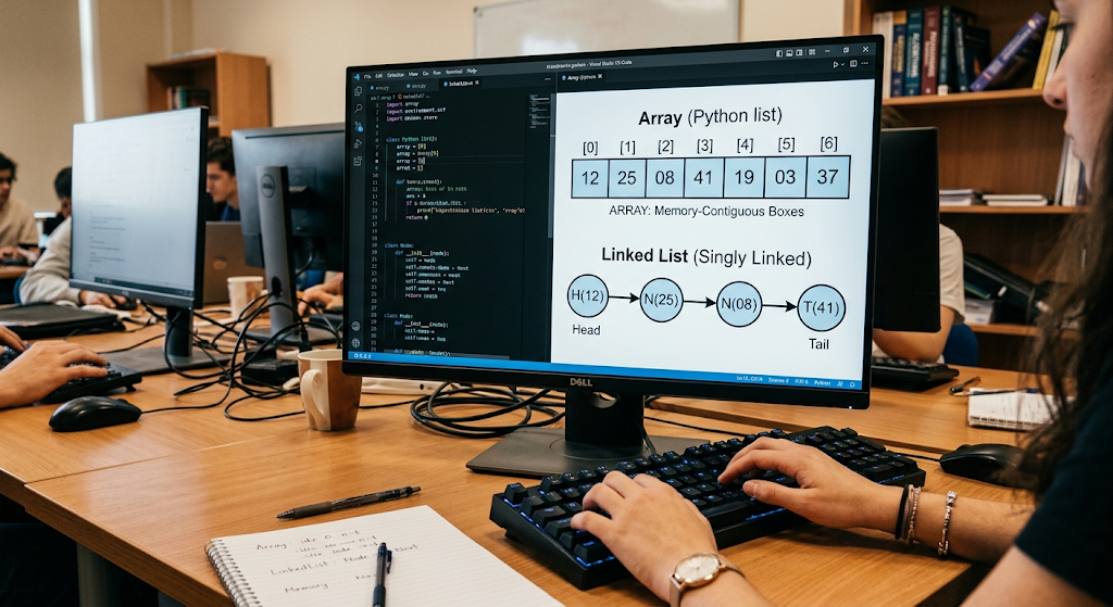 Array and linked list data structures shown on a computer screen