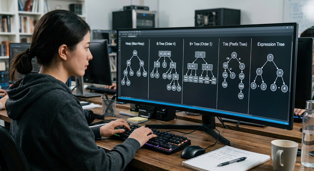 Trees in Data Structures: Types, Examples, and Applications 4 Different types of tree data structures including heaps, B-trees, tries, and expression trees