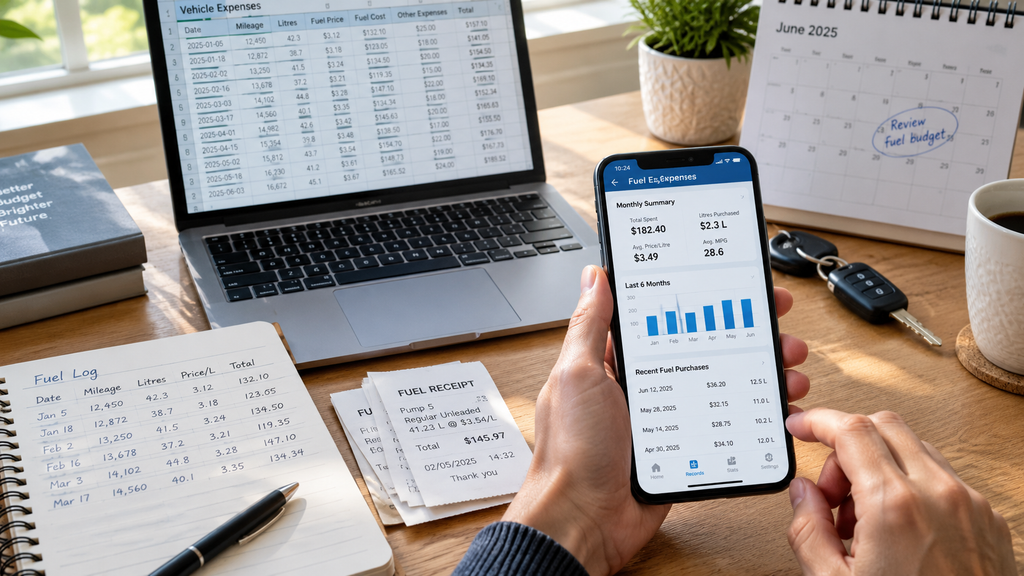 Smartphone showing car fuel expenses and historical fuel spending records