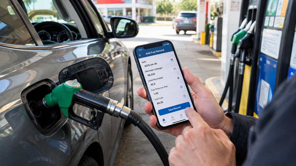 Driver recording car fuel expenses on a smartphone after refueling