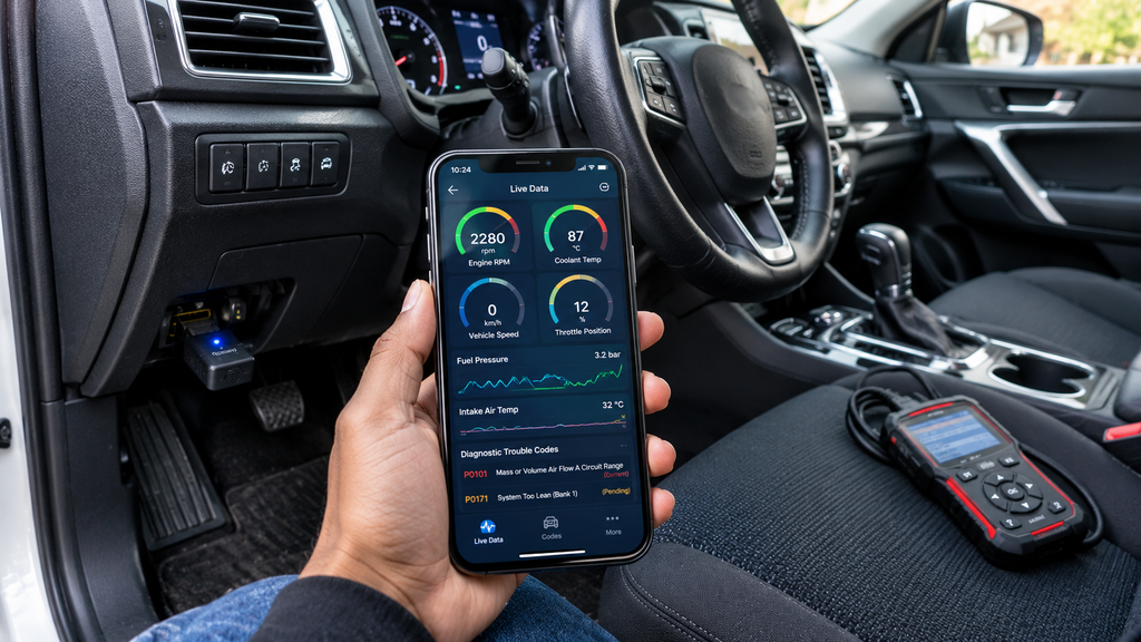 Car diagnostic scanner and smartphone app displaying live vehicle data