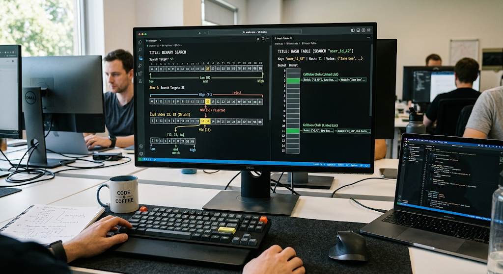 Data Structures and Algorithms: Understanding the Connection 5 Searching algorithms and hash table data structure on a computer screen