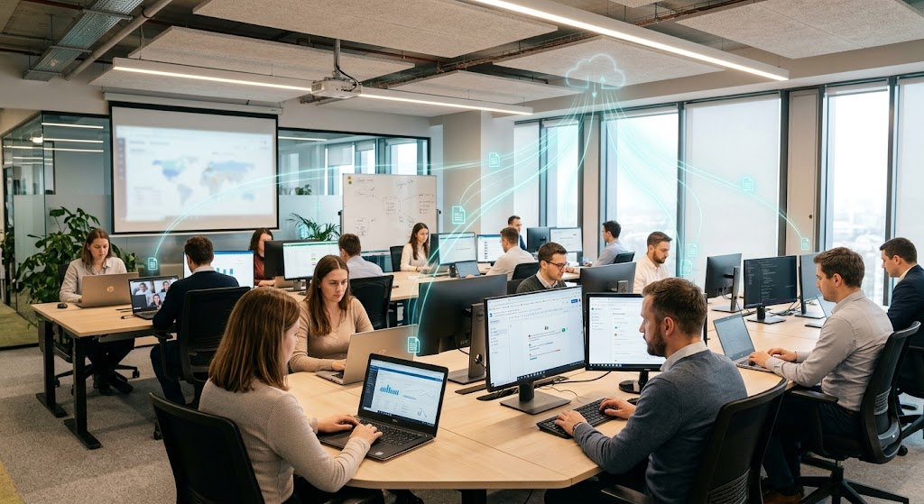 Business employees using cloud computing services and applications