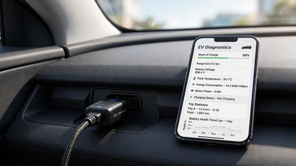EV battery health apps using an OBD2 adapter to monitor battery data